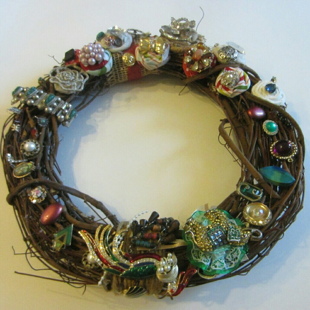 Folk Art Hand Crafted Jeweled Wreath Various Elements